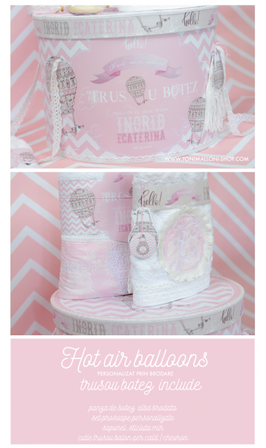 Trusou de botez cu baloane de aer cald roz si broderie, Hot Air Pink Balloon!  7